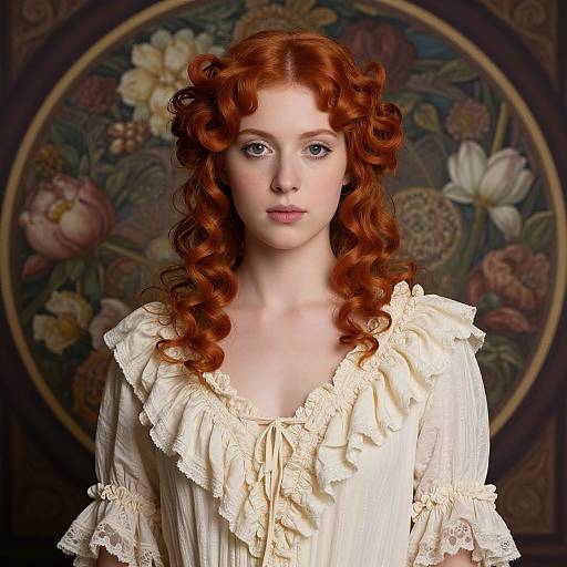 Photograph of a fair-skinned, red-haired woman with curly hair, wearing a cream-colored, ruffled blouse, standing against a floral-patterned