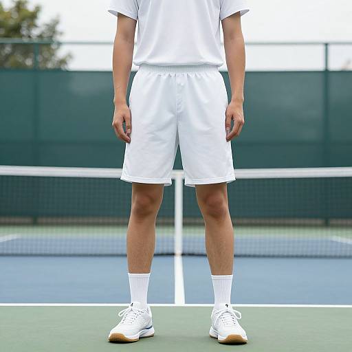 Photograph of a male tennis player, faceless, standing on a blue-green court, wearing white shirt, shorts, socks, and shoes, with