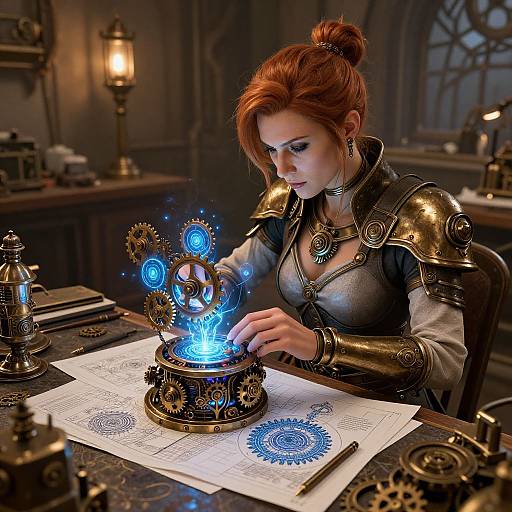 Digital artwork: Steampunk red-haired woman in gold armor, concentrating on blue glowing gears on a table, surrounded by intricate blueprints.