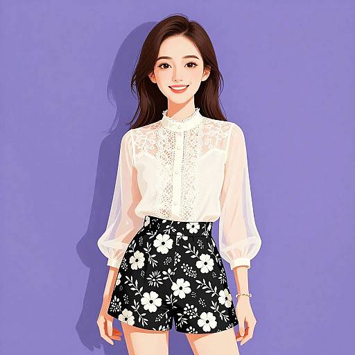 Smiling Woman in Casual Floral Outfit