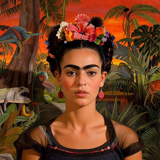 Photograph of a young woman with dark hair adorned with colorful flowers, wearing a black dress, red earrings, against a vibrant tropical backdrop with palm trees