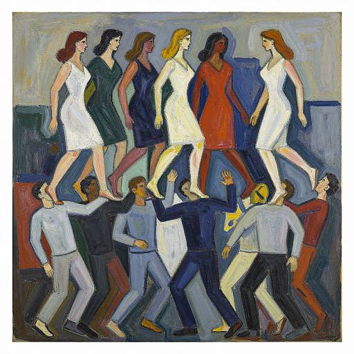 Fauvist painting of seven women in white dresses and five men in varied suits, energetically dancing, with bold, expressive colors.