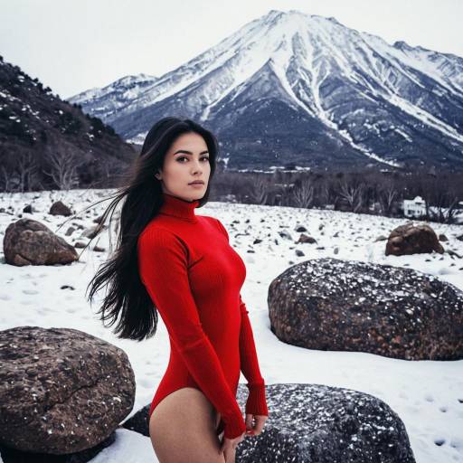 Woman in Red Leotard in Snowy Mountain Landscape
