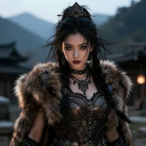 Digital artwork of a fierce Asian woman with dark hair, wearing a fur-trimmed, ornate black armor dress, intense expression, and intricate jewelry