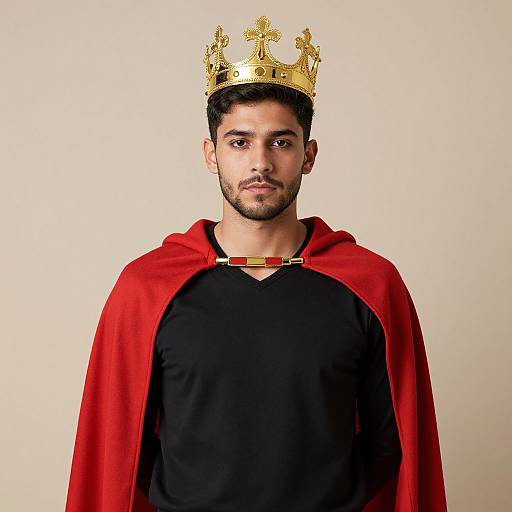 Photograph of a young man with short black hair and beard, wearing a gold crown and red royal cape over a black shirt, against a plain white
