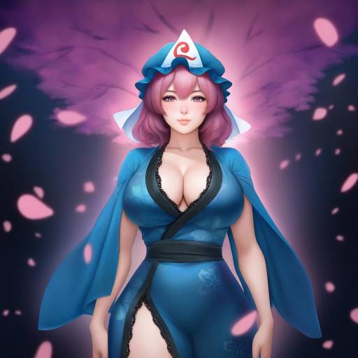 Realistic Anime Girl in Blue Kimono with Cherry Blossoms