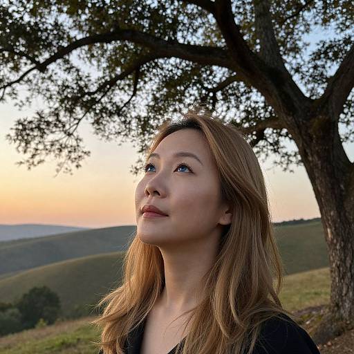 Photograph of a young Asian woman with light brown hair, gazing upwards at a sunset behind a large tree in a hilly landscape.