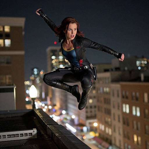 Photorealistic CGI of a red-haired woman in black leather outfit and blue top, leaping off a rooftop at night, city lights blurred in the