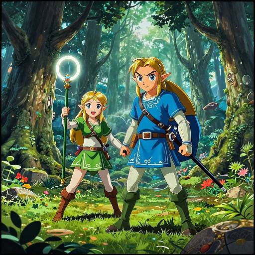 Digital art of two blonde, elven characters in a vibrant forest, one with a green outfit holding a staff, the other in blue with a sword