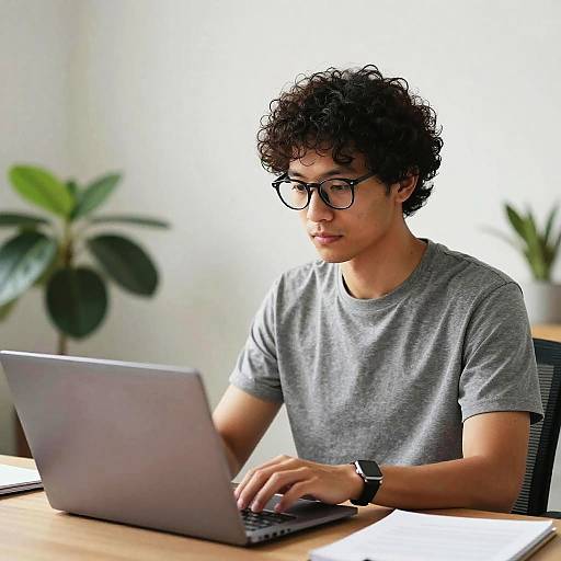 Photograph of a young man with curly black hair and glasses, wearing a gray t-shirt, typing on a laptop at a wooden desk in a bright