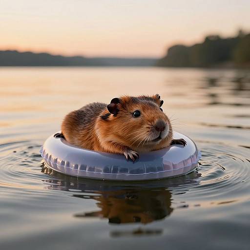 Photograph of a brown hamster floating on a white inflatable ring in a calm lake at sunset, creating gentle ripples.