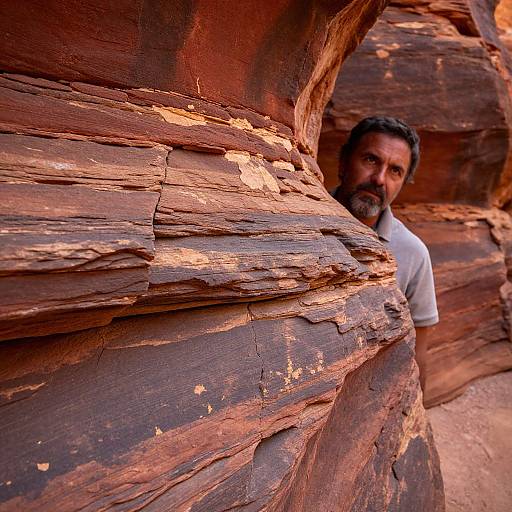 Sunlit Layered Rocks with Observing Man