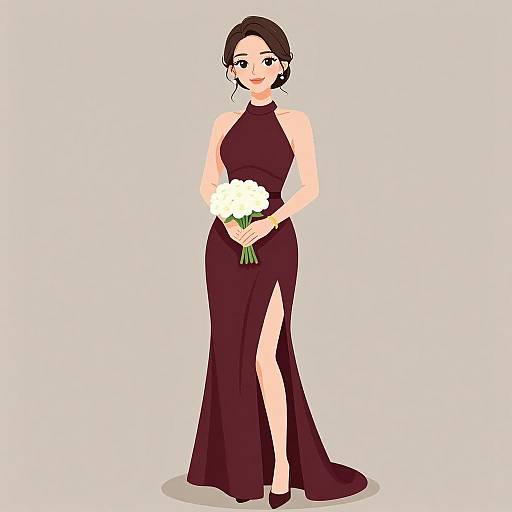 Digital illustration of a woman with fair skin, dark brown hair in an updo, wearing a sleeveless, high-neck, deep burgundy gown with
