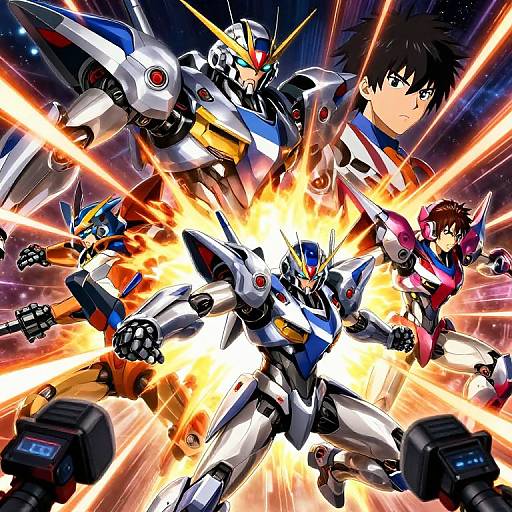 Dynamic anime-style digital illustration of five colorful, glowing mecha robots in action pose, emitting bright energy beams, with a serious young man with black hair