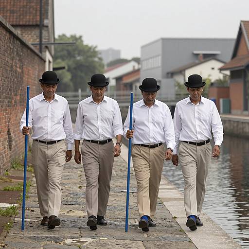 Men Strolling by Canal in Vintage Attire