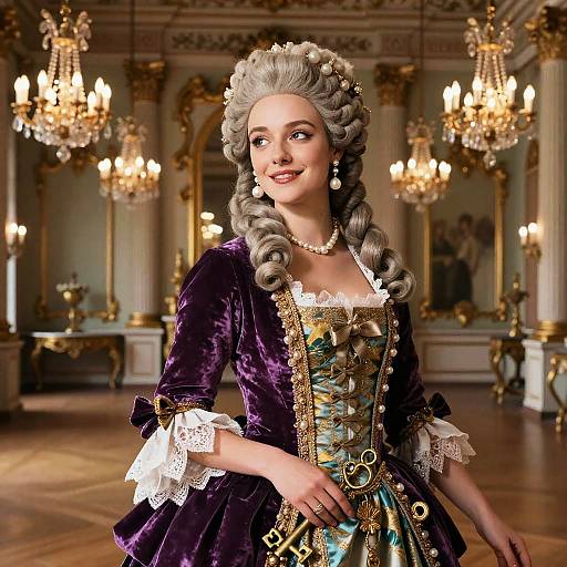 Baroque-style photograph of a woman with powdered wig, wearing a purple velvet gown with gold and blue corset, in an opulent room with ch