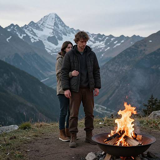 Photograph of a couple standing in front of a campfire in a mountainous, snow-capped landscape; man in front, woman behind, both