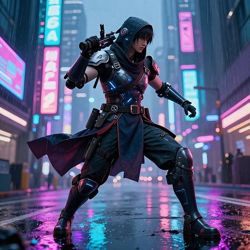 Cyberpunk warrior in dark hooded cloak, armored gear, and tactical belt, stands in neon-lit, rain-soaked urban street, ready