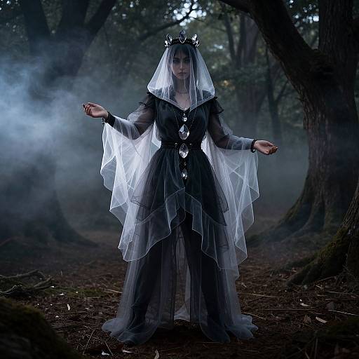 Photograph of a gothic woman in a black, sheer, layered dress with a crown and veil, standing in a foggy, dark forest.