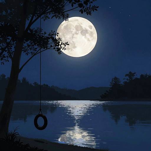 Silhouetted tree with tire swing, full moon reflecting on calm lake, starry night sky; digital art in deep blue hues.