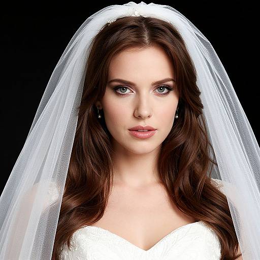 Photograph of a beautiful young woman with fair skin, blue eyes, and long brown hair, wearing a white wedding veil and dress, against a black