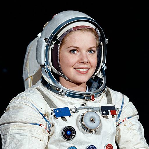 Photograph of a smiling female astronaut in a white spacesuit with a clear helmet, black background, and various patch details.