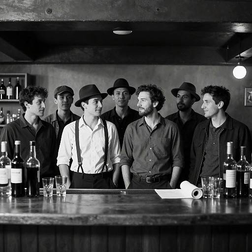 Vintage Bar Scene with Six Men