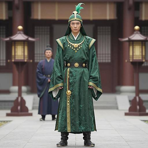 Ancient Chinese Warrior in Green Embroidered Robe
