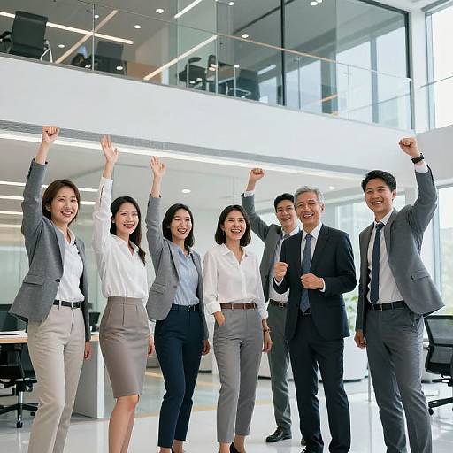 Photograph of six smiling, diverse professionals in business attire, raising their fists in a bright, modern office with large windows.