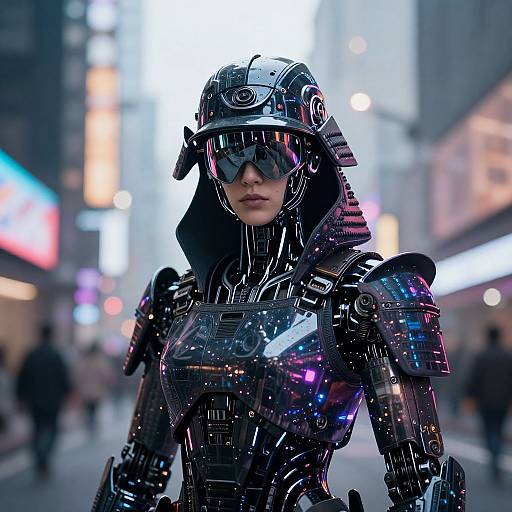 Cyberpunk woman in reflective, black robotic armor with glowing blue and purple lights, wearing a helmet with visor, standing in a brightly lit,