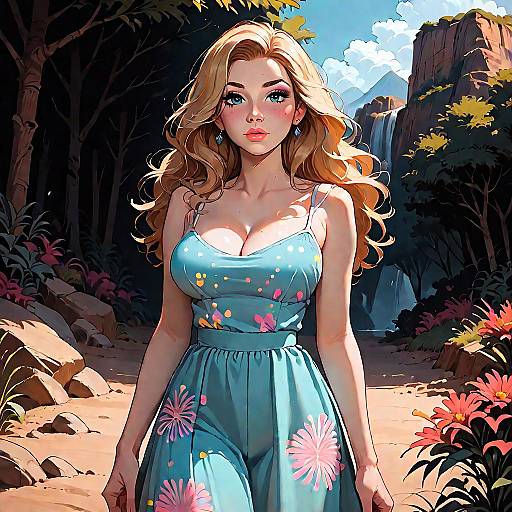 Blonde Woman in Colorful Sundress in Desert Landscape