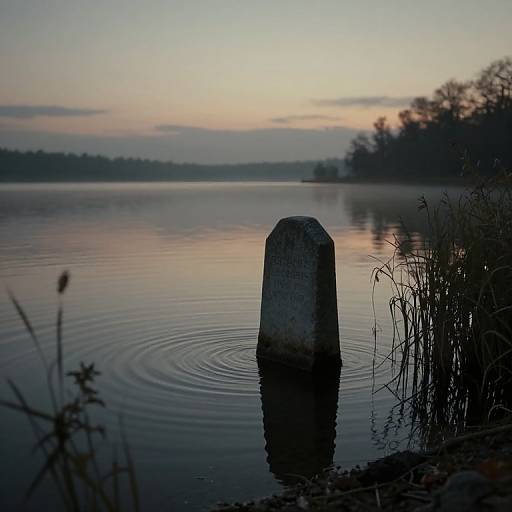 Photograph of a calm lake at dusk, with a weathered, partially submerged stone post in the foreground, surrounded by reeds and reflected in the