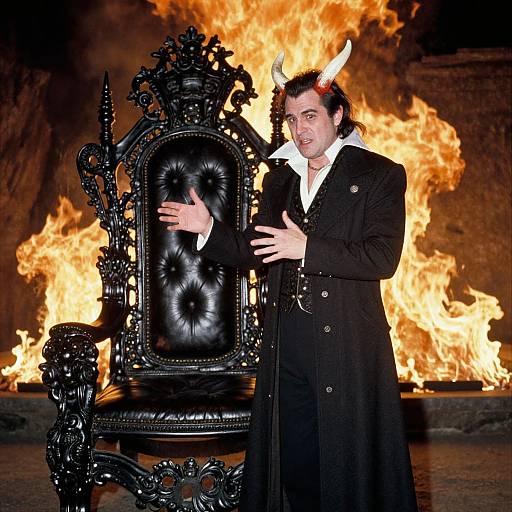 Photograph of a man with red horns, black coat, white shirt, standing in front of an ornate black throne, with bright orange flames in