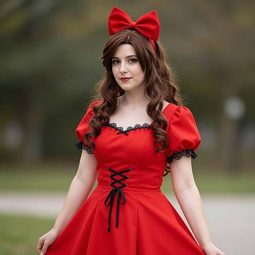 Photograph of a young woman with pale skin and long brown hair, wearing a red dress with black lace trim, black ribbon corset, and large