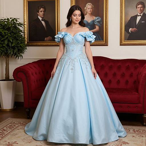 Photograph of a woman in a light blue, off-the-shoulder, satin ball gown with intricate lace, standing in front of a red velvet