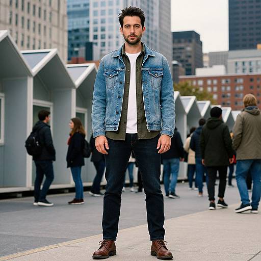 Photograph of a bearded man with dark hair in a blue denim jacket, black shirt, and jeans, standing in an urban plaza with modern,