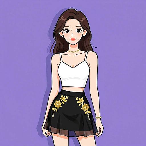 Digital anime-style drawing of a woman with long brown hair, wearing a white crop top, black skirt with yellow floral embroidery, and gold jewelry, against