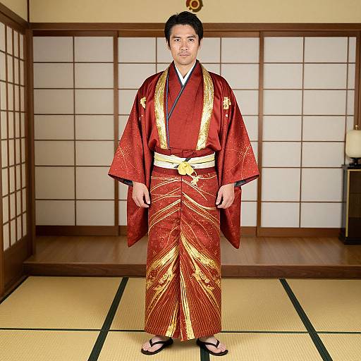 Photograph of a Japanese man in a red and gold kimono, standing in a traditional room with shoji screens and tatami mat flooring.