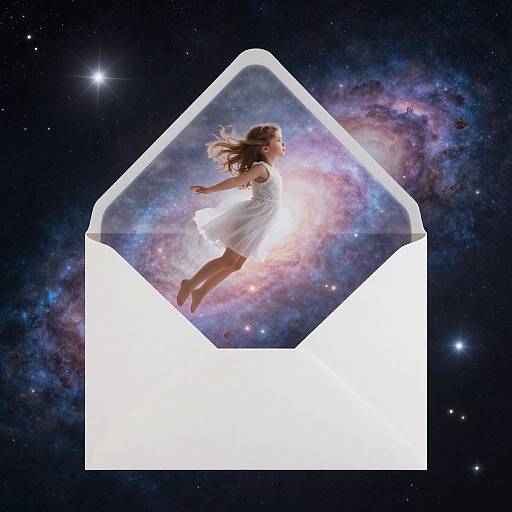 Digital artwork of a woman in a white dress floating inside an open, glowing white envelope against a starry, colorful galaxy background.