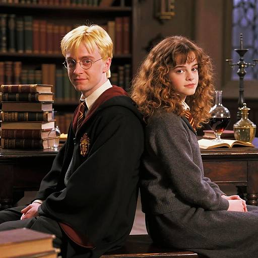 Photograph of two Hogwarts students, a blonde boy with glasses and a brunette girl with curly hair, sitting back-to-back in a library, surrounded by