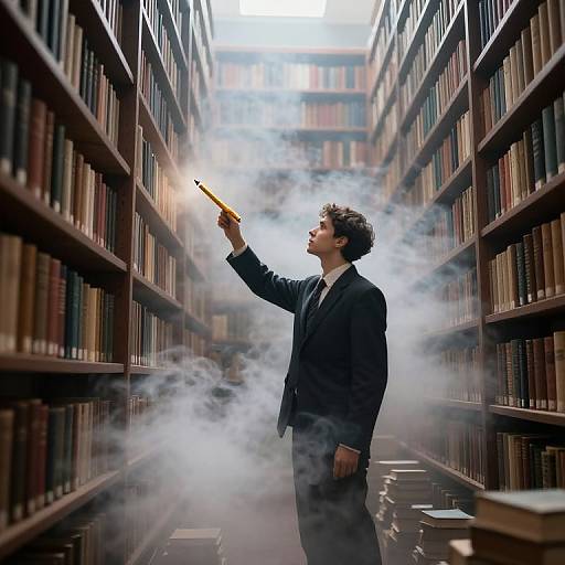 Photograph of a man in a black suit, pointing a glowing wand at bookshelves in a misty library aisle.
