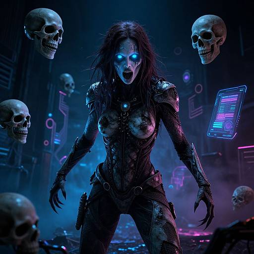 Digital CGI of a glowing-eyed, skeletal, cybernetic zombie woman with exposed breasts, surrounded by floating skulls, neon lights, and a holographic