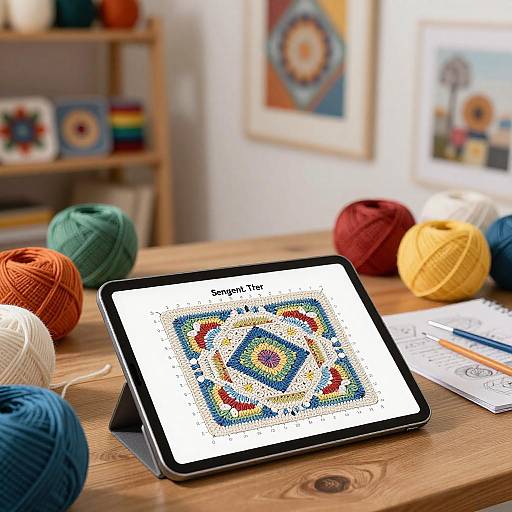 Photograph of a tablet displaying a colorful cross-stitch pattern, surrounded by yarn balls on a wooden table, in a bright, artistic room with framed