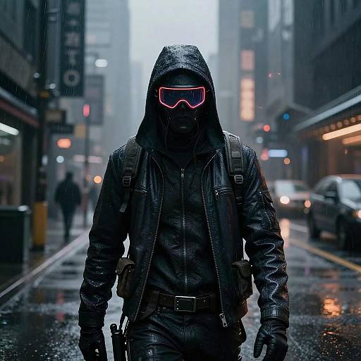 Cyberpunk Assassin in Rainy Futuristic City