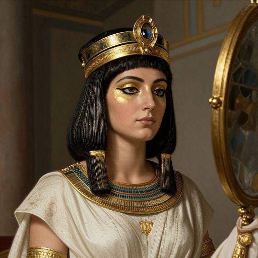 Photograph-style CGI of an ancient Egyptian woman with black bob haircut, gold headpiece, blue gem, white robe, holding a golden mirror.