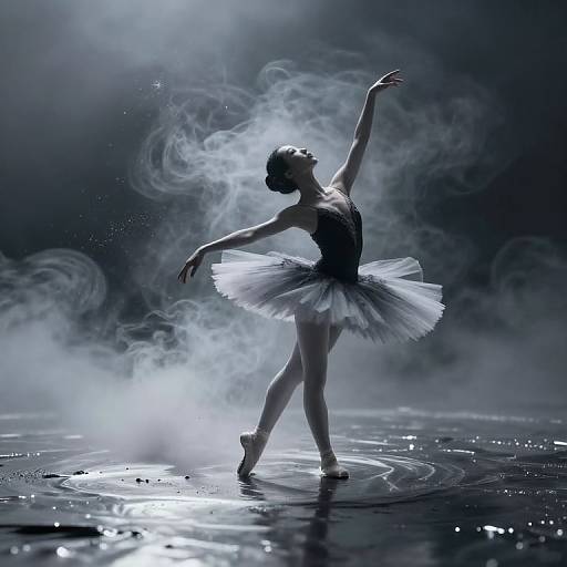 Photograph of a silhouetted ballerina in a black tutu and tiara, dancing on a shiny, wet stage surrounded by eth