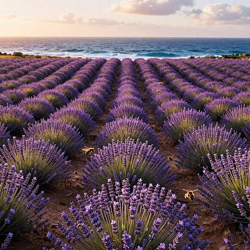 Photograph of vibrant purple lavender fields stretching to the ocean at sunset, with rows of lavender creating a rhythmic pattern.