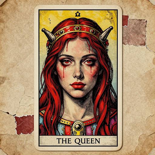Digital artwork of a blood-streaked, red-haired queen with horns, wearing a crown, in a worn, parchment-style card with 