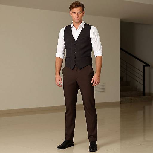 Photograph of a tall, handsome man with short brown hair, wearing a white shirt, black vest, and black pants, standing in a modern,