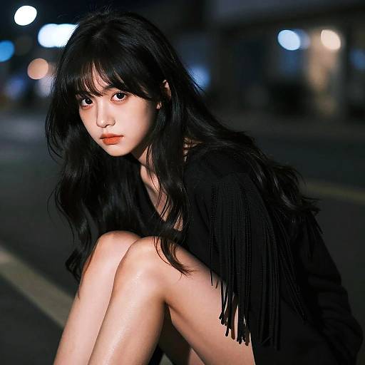 Shy Woman with Fringe Dress at Night